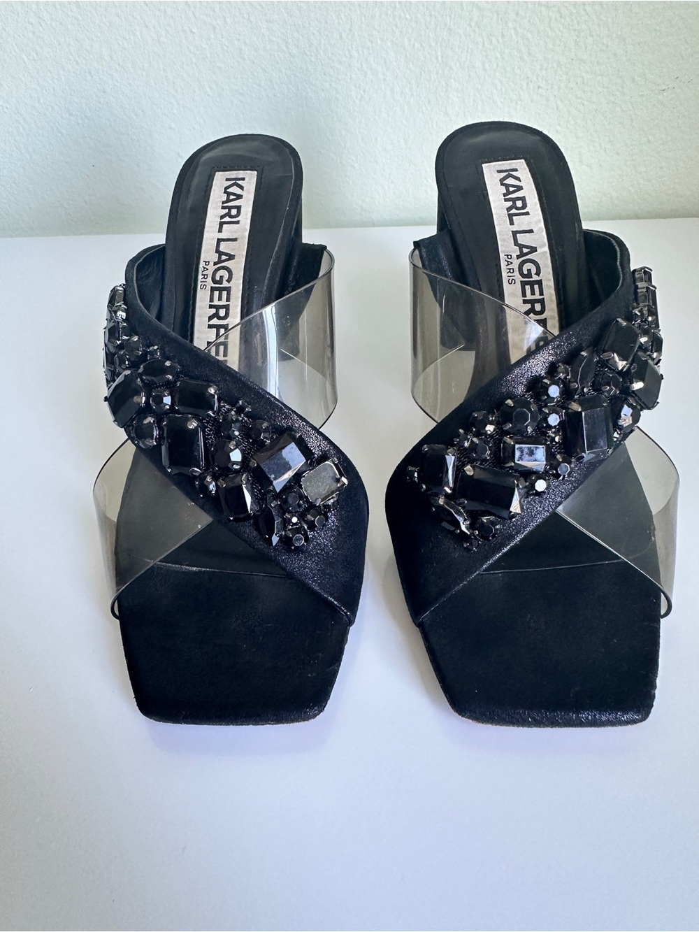 Karl Lagerfeld Paris Rissa Black Embellished Crystal Mules Heels 6.5